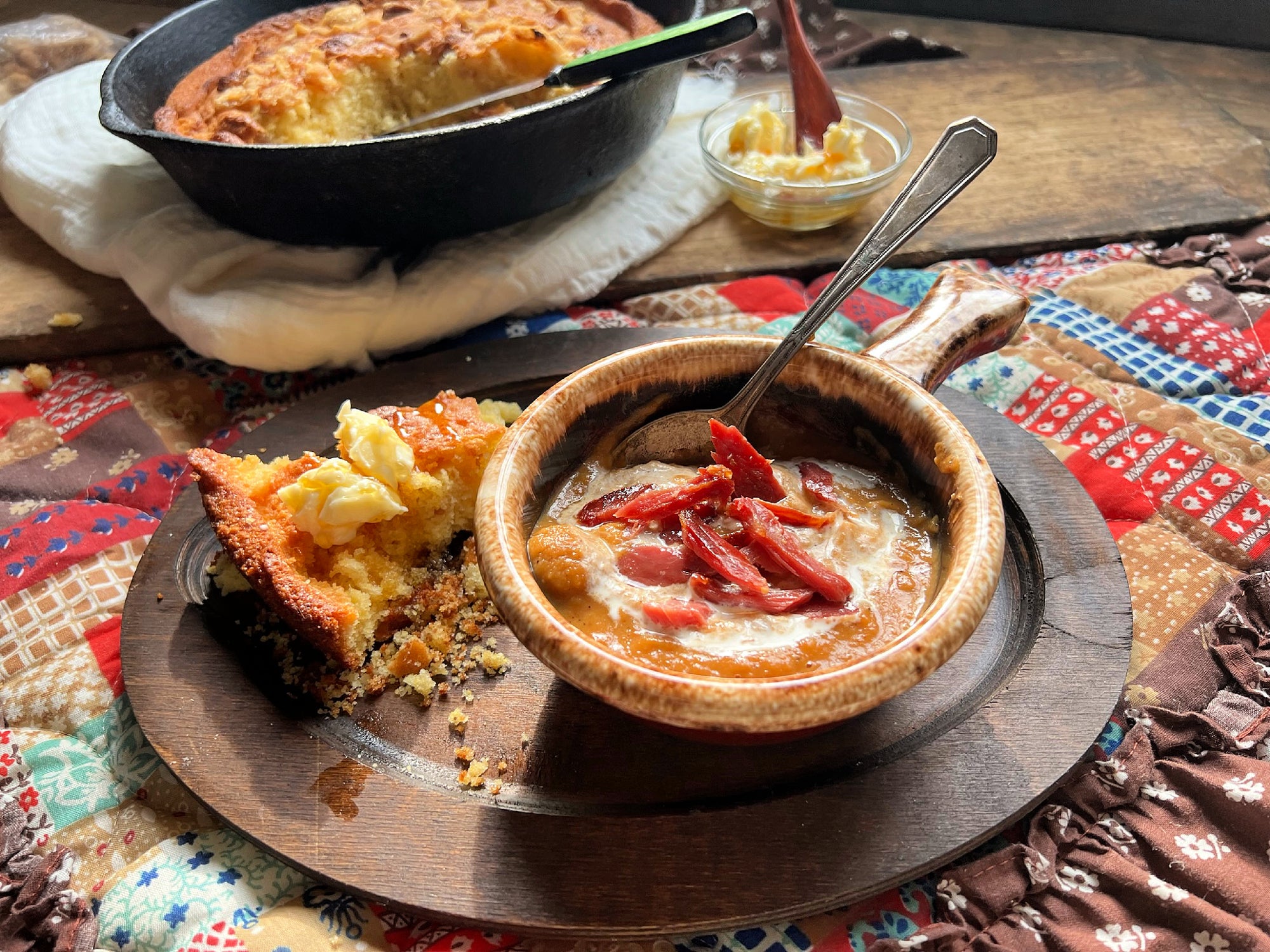 Roasted Root Vegetable Bisque with Candied Country Ham